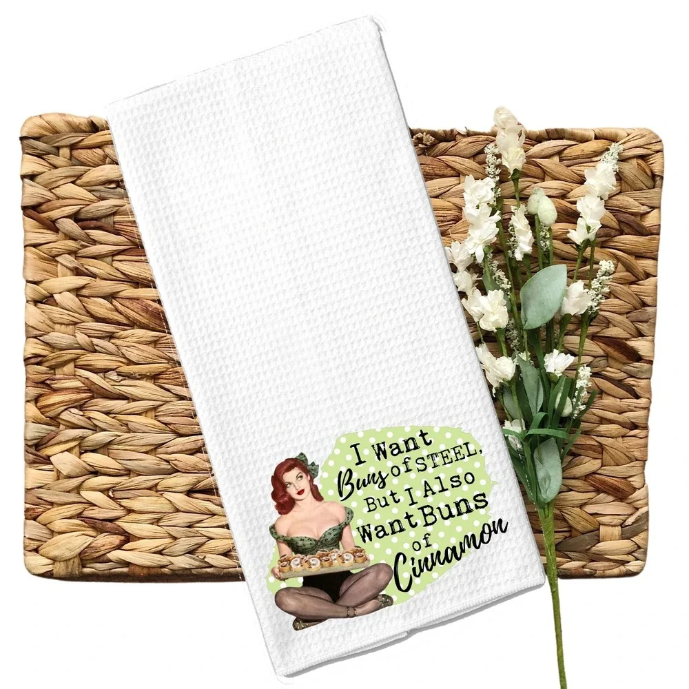 Retro Pinup Girl Waffle Weave Kitchen Towel Buns of Steel Cinnamon White Humor